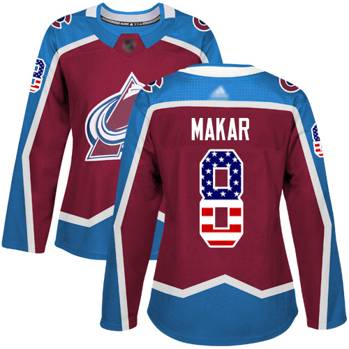 Adidas Avalanche #8 Cale Makar Burgundy Home Authentic USA Flag Women's Stitched NHL Jersey