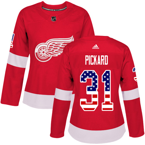 Adidas Red Wings #31 Calvin Pickard Red Home Authentic USA Flag Women's Stitched NHL Jersey