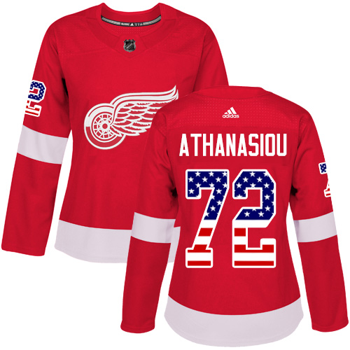 Adidas Red Wings #72 Andreas Athanasiou Red Home Authentic USA Flag Women's Stitched NHL Jersey