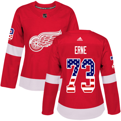 Adidas Red Wings #73 Adam Erne Red Home Authentic USA Flag Women's Stitched NHL Jersey