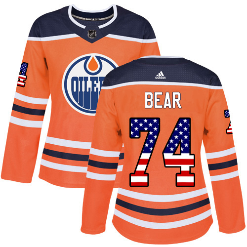 Adidas Oilers #74 Ethan Bear Orange Home Authentic USA Flag Women's Stitched NHL Jersey
