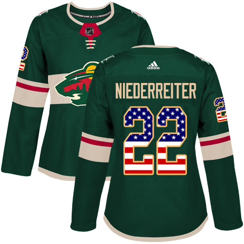 Adidas Wild #22 Nino Niederreiter Green Home Authentic USA Flag Women's Stitched NHL Jersey