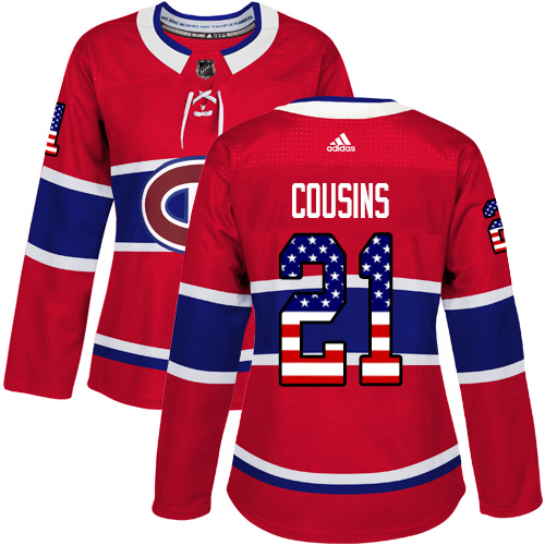 Adidas Canadiens #21 Nick Cousins Red Home Authentic USA Flag Women's Stitched NHL Jersey