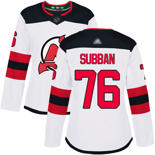 Adidas Devils #76 P.K. Subban White Road Authentic Women's Stitched NHL Jersey