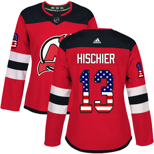 Adidas Devils #13 Nico Hischier Red Home Authentic USA Flag Women's Stitched NHL Jersey