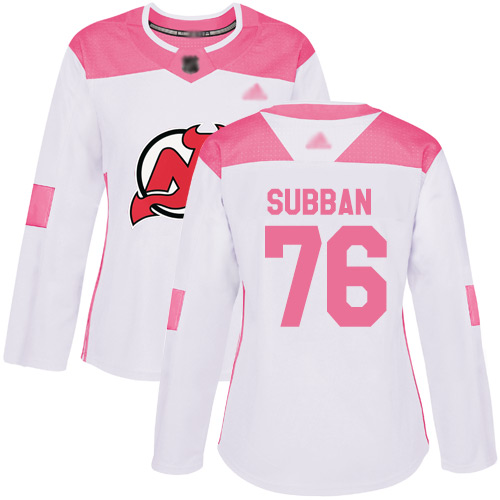 Adidas Devils #76 P.K. Subban White/Pink Authentic Fashion Women's Stitched NHL Jersey