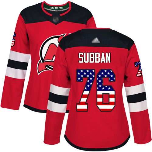 Adidas Devils #76 P.K. Subban Red Home Authentic USA Flag Women's Stitched NHL Jersey