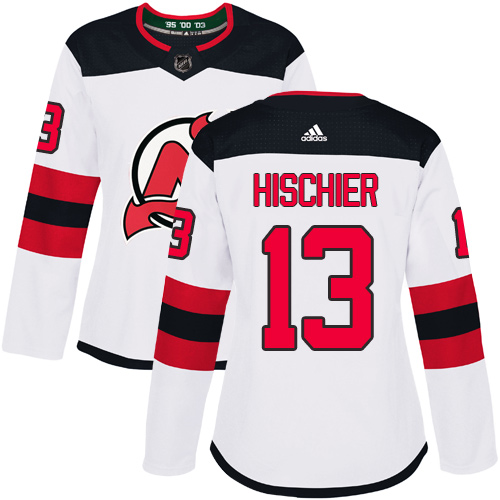 Adidas Devils #13 Nico Hischier White Road Authentic Women's Stitched NHL Jersey