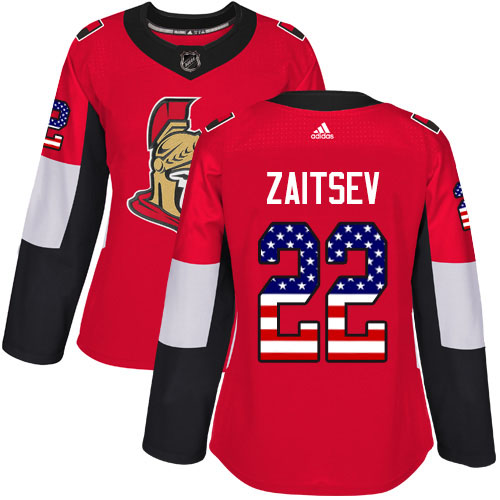 Adidas Senators #22 Nikita Zaitsev Red Home Authentic USA Flag Women's Stitched NHL Jersey