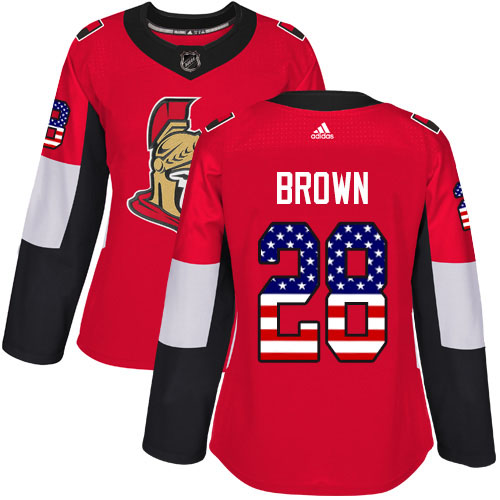 Adidas Senators #28 Connor Brown Red Home Authentic USA Flag Women's Stitched NHL Jersey