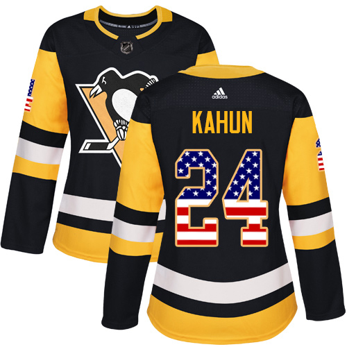 Adidas Penguins #24 Dominik Kahun Black Home Authentic USA Flag Women's Stitched NHL Jersey