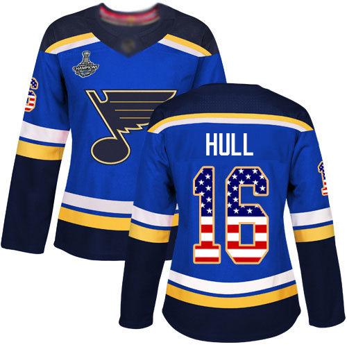 Adidas Blues #16 Brett Hull Blue Home Authentic USA Flag Stanley Cup Champions Women's Stitched NHL Jersey