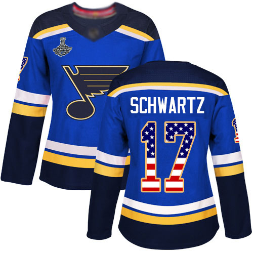 Adidas Blues #17 Jaden Schwartz Blue Home Authentic USA Flag Stanley Cup Champions Women's Stitched NHL Jersey