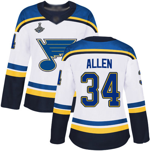 Adidas Blues #34 Jake Allen White Road Authentic Stanley Cup Champions Women's Stitched NHL Jersey