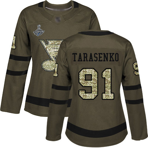 Adidas Blues #91 Vladimir Tarasenko Green Salute to Service Stanley Cup Champions Women's Stitched NHL Jersey