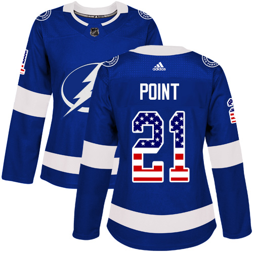 Adidas Lightning #21 Brayden Point Blue Home Authentic USA Flag Women's Stitched NHL Jersey