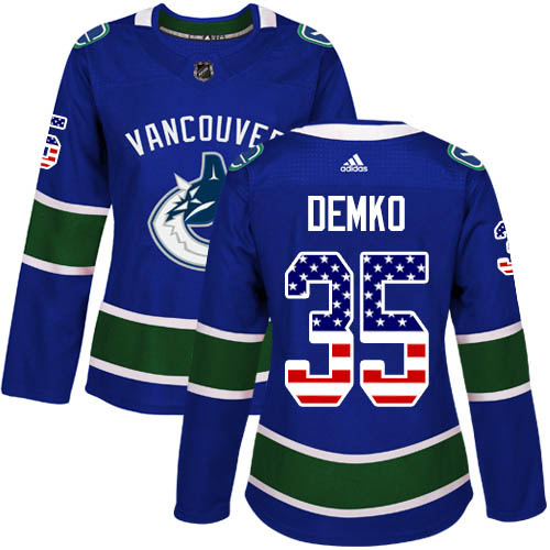 Adidas Canucks #35 Thatcher Demko Blue Home Authentic USA Flag Women's Stitched NHL Jersey