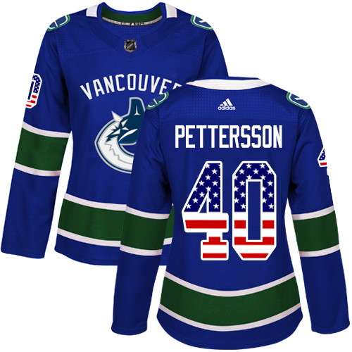 Adidas Canucks #40 Elias Pettersson Blue Home Authentic USA Flag Women's Stitched NHL Jersey