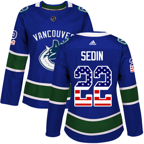 Adidas Canucks #22 Daniel Sedin Blue Home Authentic USA Flag Women's Stitched NHL Jersey
