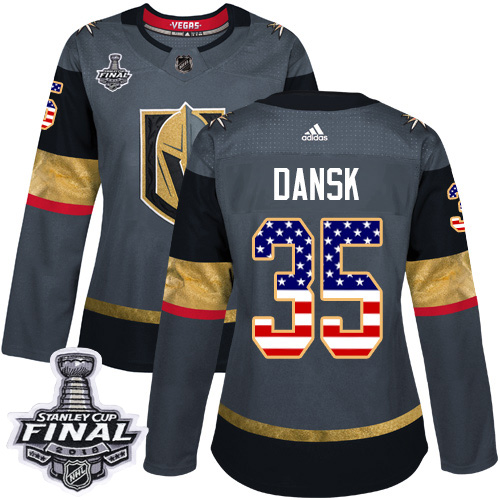 Adidas Golden Knights #35 Oscar Dansk Grey Home Authentic USA Flag 2018 Stanley Cup Final Women's Stitched NHL Jersey
