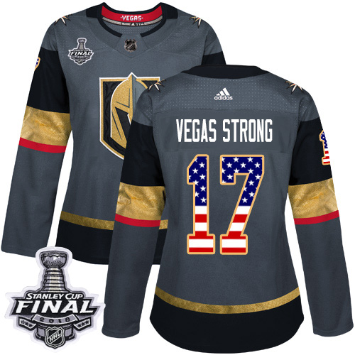 Adidas Golden Knights #17 Vegas Strong Grey Home Authentic USA Flag 2018 Stanley Cup Final Women's Stitched NHL Jersey