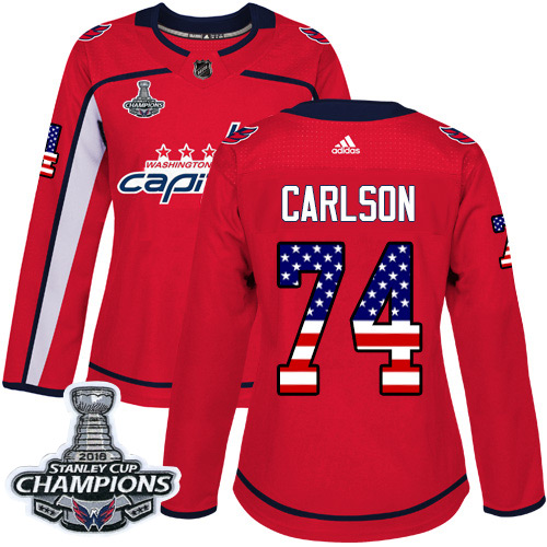 Adidas Capitals #74 John Carlson Red Home Authentic USA Flag Stanley Cup Final Champions Women's Stitched NHL Jersey