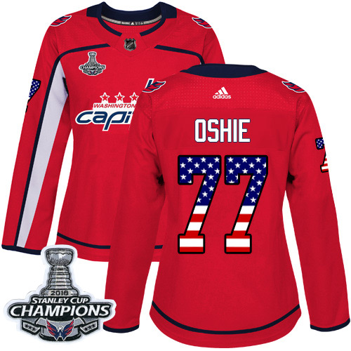 Adidas Capitals #77 T.J. Oshie Red Home Authentic USA Flag Stanley Cup Final Champions Women's Stitched NHL Jersey