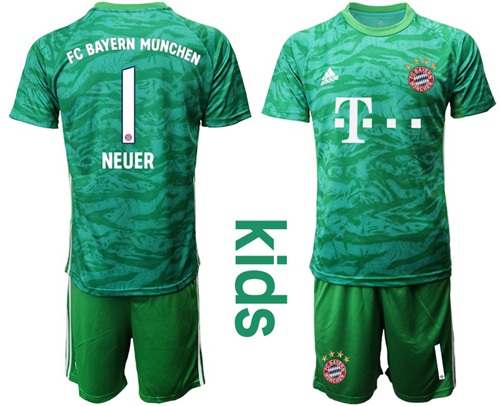 Bayern Munchen #1 Neuer Green Goalkeeper Kid Soccer Club Jersey
