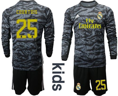 Real Madrid #25 Courtois Black Goalkeeper Long Sleeves Kid Soccer Club Jersey