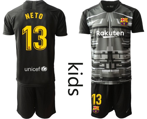 Barcelona #13 Neto Black Goalkeeper Kid Soccer Club Jersey