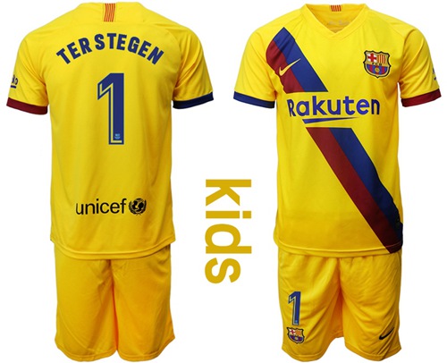 Barcelona #1 Ter Stegen Away Kid Soccer Club Jersey