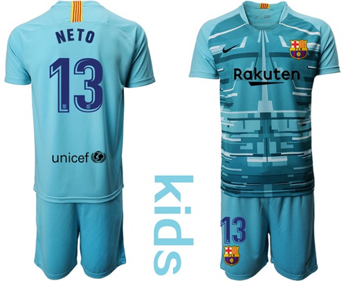 Barcelona #13 Neto Light Blue Goalkeeper Kid Soccer Club Jersey