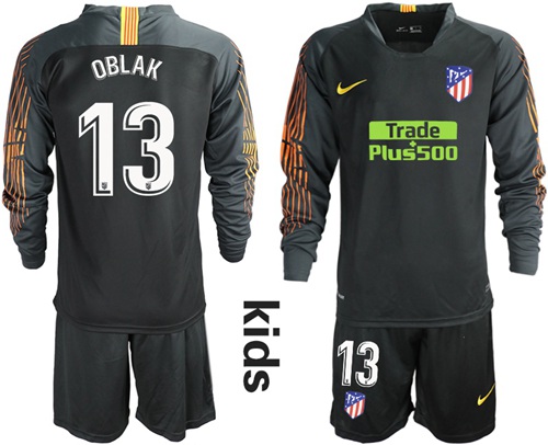 Atletico Madrid #13 Oblak Black Goalkeeper Long Sleeves Kid Soccer Club Jersey
