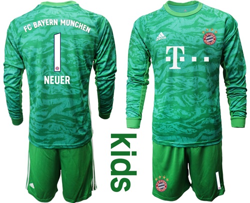 Bayern Munchen #1 Neuer Green Goalkeeper Long Sleeves Kid Soccer Club Jersey