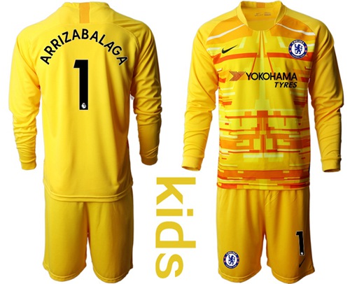 Chelsea #1 Arrizabalaga Yellow Goalkeeper Long Sleeves Kid Soccer Club Jersey