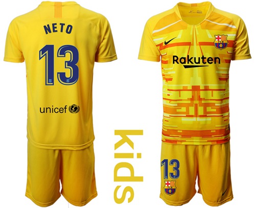 Barcelona #13 Neto Yellow Goalkeeper Kid Soccer Club Jersey
