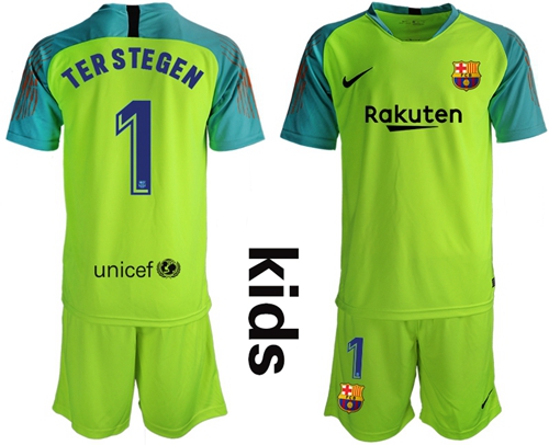 Barcelona #1 Ter Stegen Shiny Green Goalkeeper Kid Soccer Club Jersey