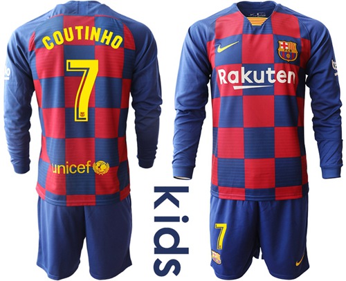 Barcelona #7 Coutinho Home Long Sleeves Kid Soccer Club Jersey