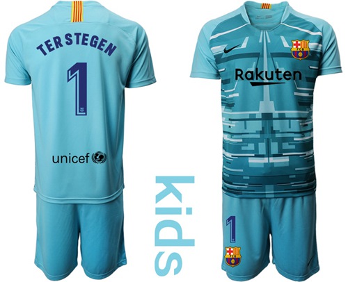 Barcelona #1 Ter Stegen Light Blue Goalkeeper Kid Soccer Club Jersey