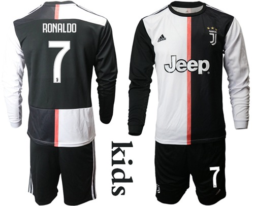 Juventus #7 Ronaldo Home Long Sleeves Kid Soccer Club Jersey