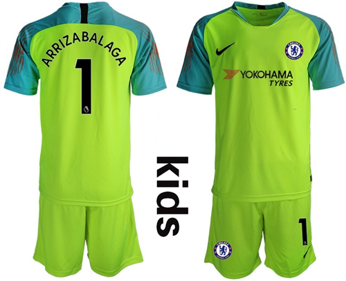 Chelsea #1 Arrizabalaga Shiny Green Goalkeeper Kid Soccer Club Jersey