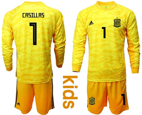 Spain #1 Casillas Yellow Long Sleeves Goalkeeper Kid Soccer Country Jersey