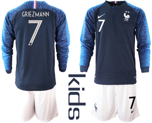 France #7 Griezmann Home Long Sleeves Kid Soccer Country Jersey