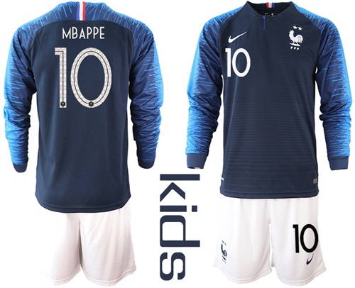France #10 Mbappe Home Long Sleeves Kid Soccer Country Jersey