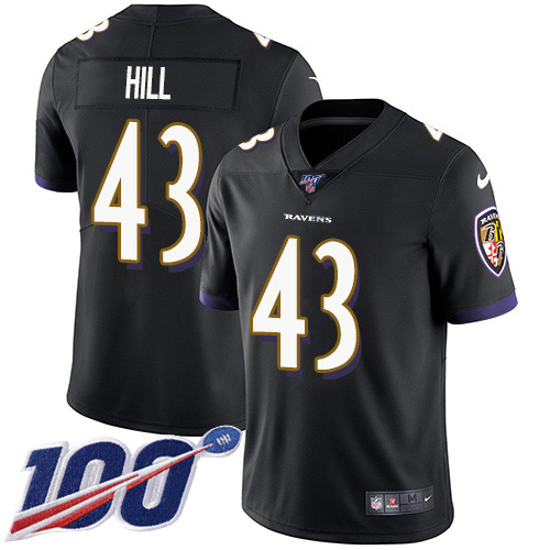 Nike Ravens #43 Justice Hill Black Alternate Youth Stitched NFL 100th Season Vapor Untouchable Limited Jersey