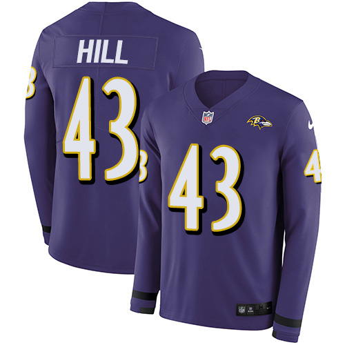 Nike Ravens #43 Justice Hill Purple Team Color Youth Stitched NFL Limited Therma Long Sleeve Jersey
