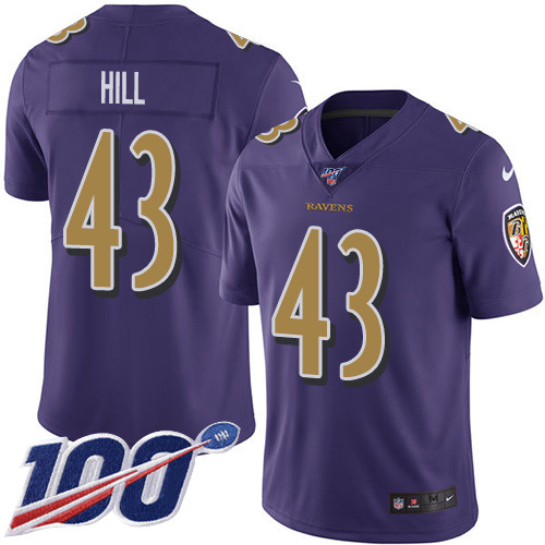 Nike Ravens #43 Justice Hill Purple Youth Stitched NFL Limited Rush 100th Season Jersey