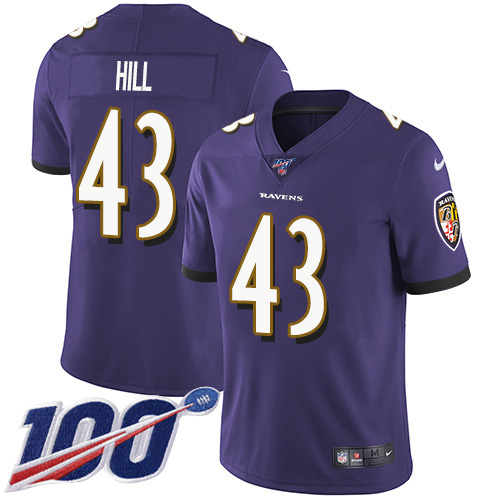 Nike Ravens #43 Justice Hill Purple Team Color Youth Stitched NFL 100th Season Vapor Untouchable Limited Jersey