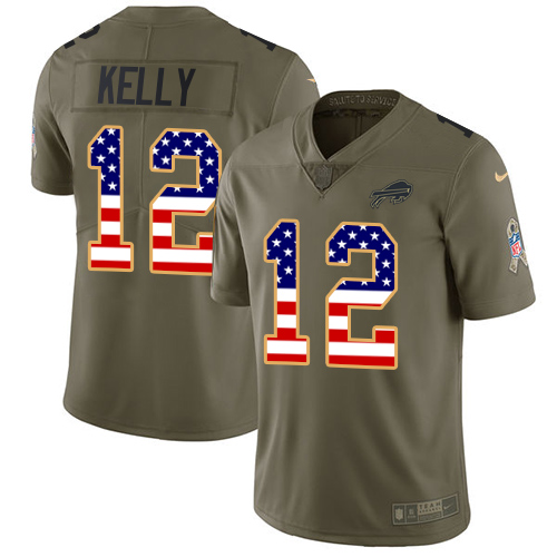 Nike Bills #12 Jim Kelly Olive/USA Flag Youth Stitched NFL Limited 2017 Salute to Service Jersey