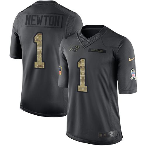 Nike Panthers #1 Cam Newton Black Youth Stitched NFL Limited 2016 Salute to Service Jersey